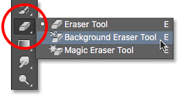 Background Eraser Tool در زیر Tool Eraser Tool در پانل ابزارها قرار گرفته است.